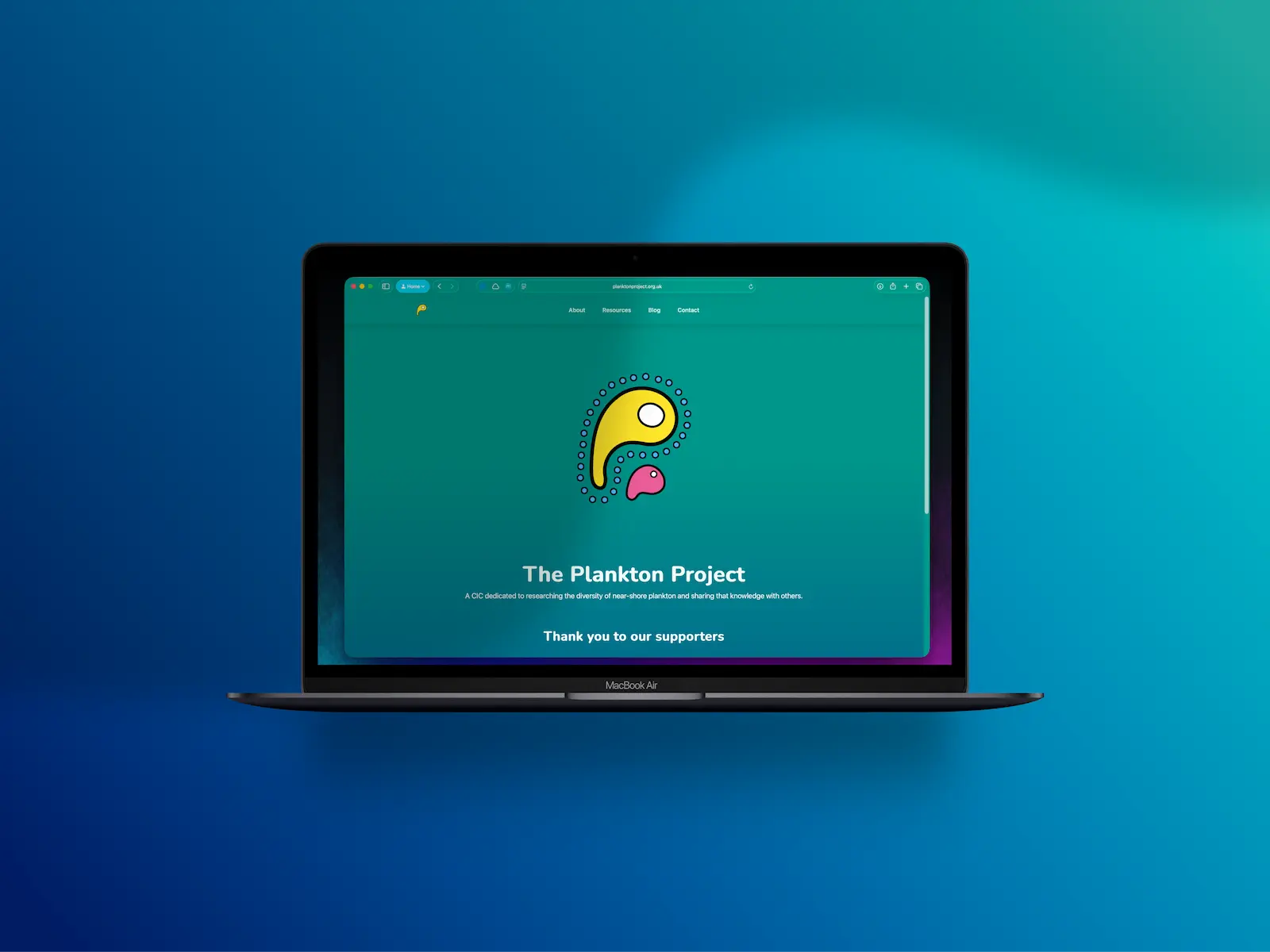 The front page of the Plankton Project website, showing the logo, navigation and a hero animation.